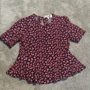 Diane von Furstenberg XS Black & Pink Floral Peplum Ruffle Blouse